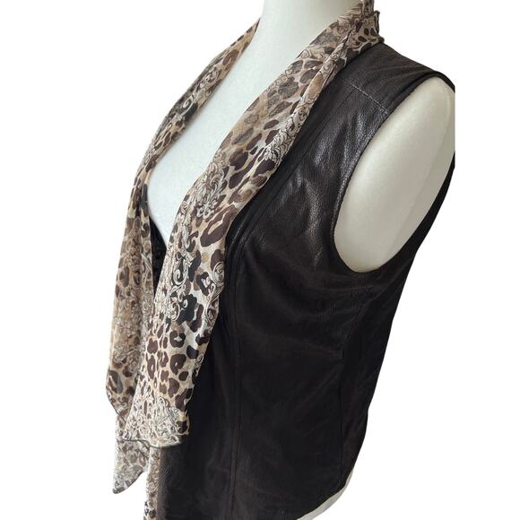 Easywear By Chico's Chiffon and Faux Leather Brown Vest Women's Size 1 (Medium) - Picture 2 of 9